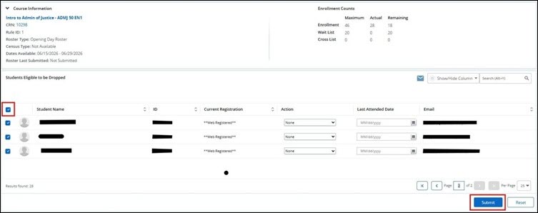 Checkbox to highlight all students Checkbox to highlight all students