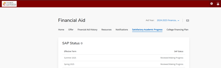 Satisfactory Academic Progress Tab