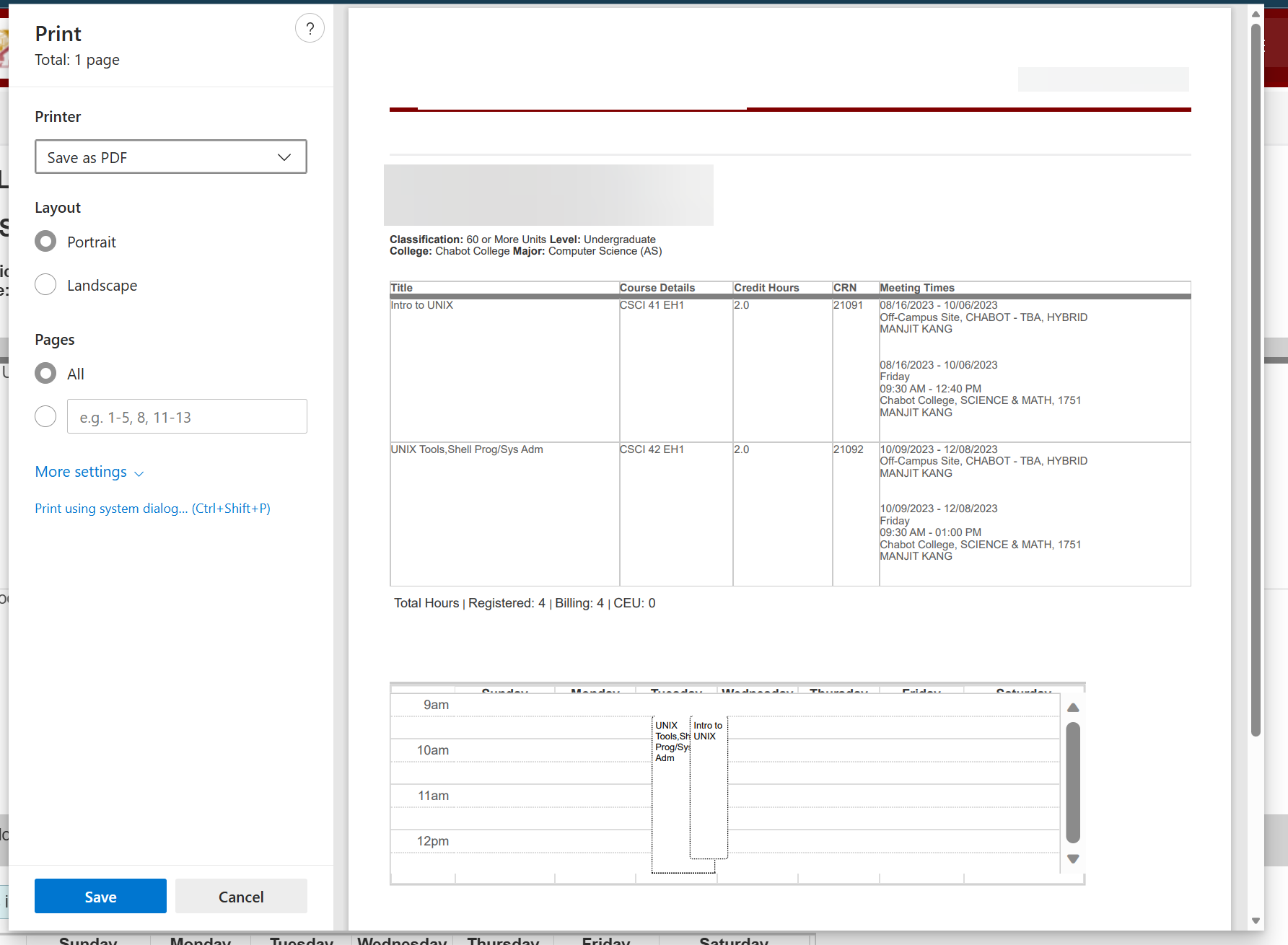 print class schedule Print Class Schedule